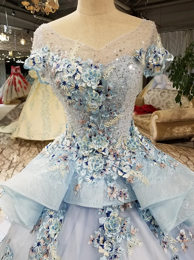 LS5580 Light Blue With Beautiful Embroidery And Sequins Pageant Evening dress 2020 O-Neck Cap Sleeves Cheaper sukienki | Свадьбы и