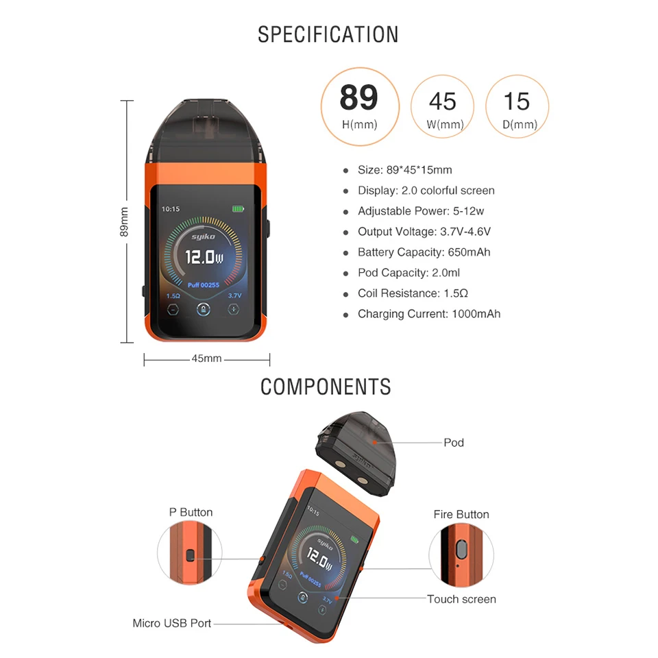 Оригинальный комплект Veeape Syiko SE Touch Pod Starter Vape kit 650 мАч батарея 1.5ohm с 2 мл картриджем