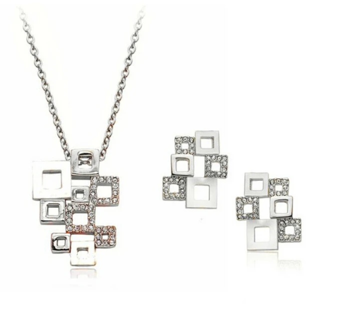 OMH wholesale 18 KT white gold Austrian crystals quartet puzzle Jewelry sets Silver black Necklace+Earrings TZ160 | Украшения и