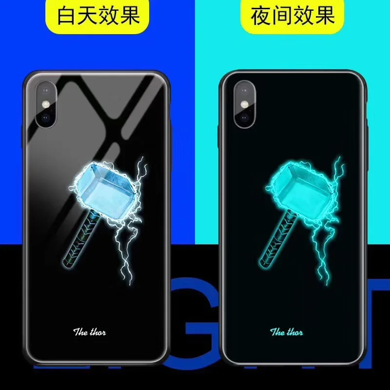 Роскошный светящийся чехол из закаленного стекла для iphone X 10 XS MAX XR 6 6S 7 8 plus чехол для телефона Marvel, Бэтмен, Капитан Америка, Железный человек - Цвет: hammer