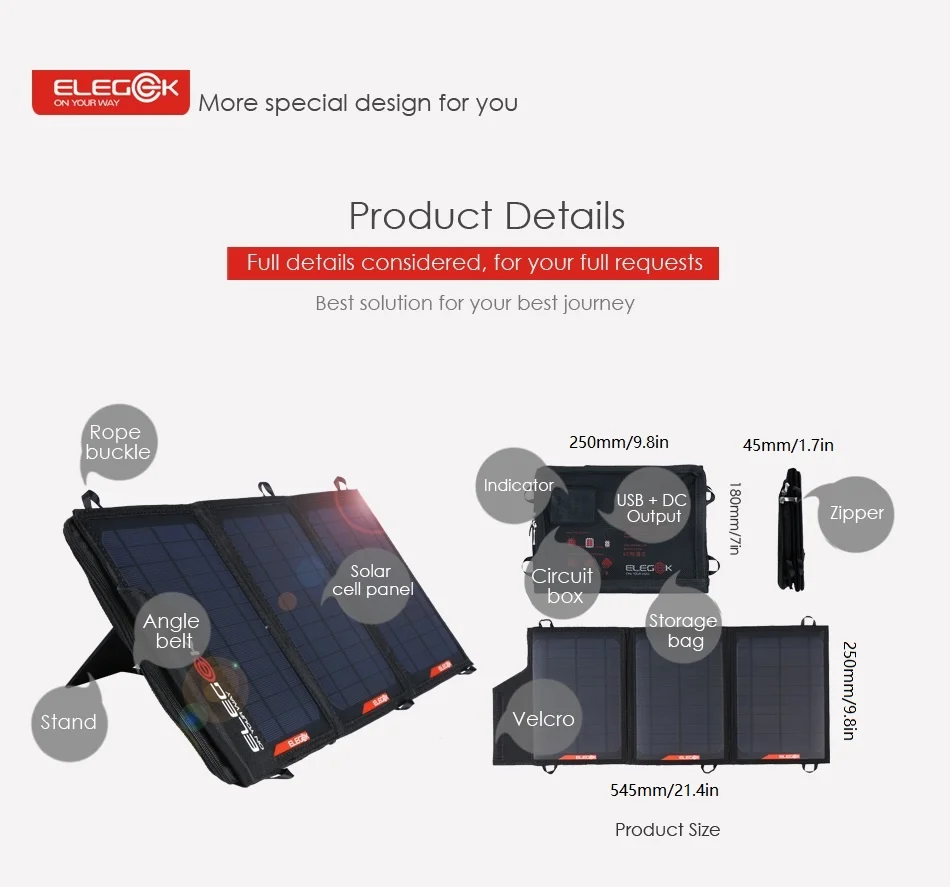 ELEGEEK 5 В/18 в 21 Вт солнечная панель Зарядное устройство USB DC двойной выход портативное солнечное зарядное устройство с сумкой для хранения для iPhone 12 В батарея