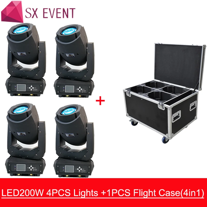 

4 шт. + Корпус flycase 200 Вт, светодиодный светильник Lyre, движущийся головной светильник, точечный светильник 3 в 1, освещение вечеринки, освещение ...