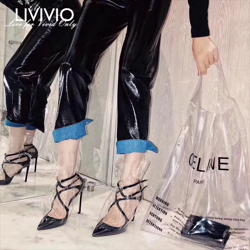 [LIVIVIO] блестящие черные брюки из искусственной кожи с высокой талией, женские повседневные свободные штаны, одежда, Корейская одежда, Новое поступление