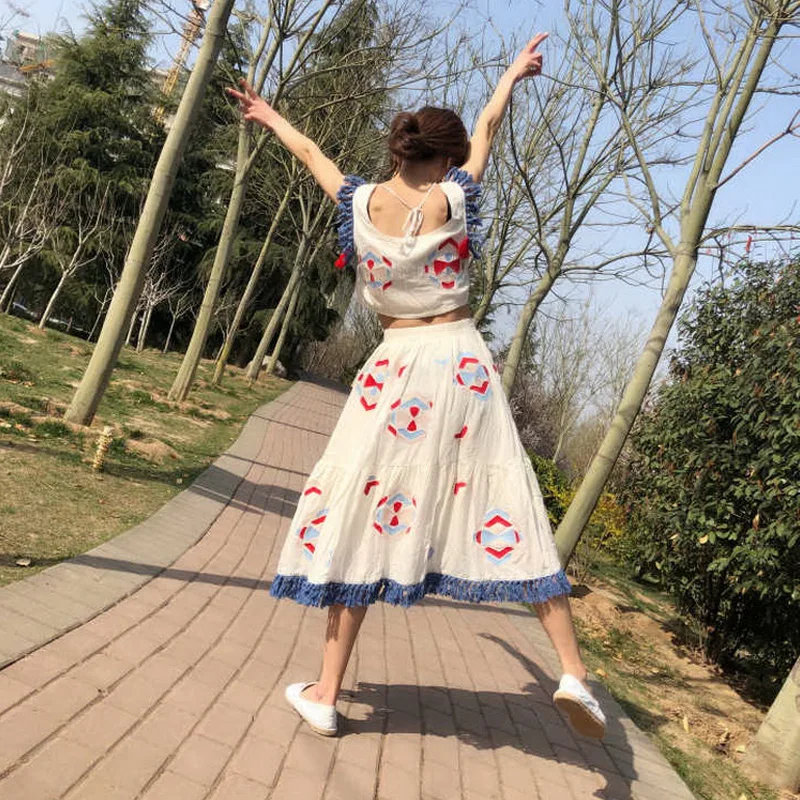 Женские юбки с вышивкой и кисточками комплект из двух предметов пляжный