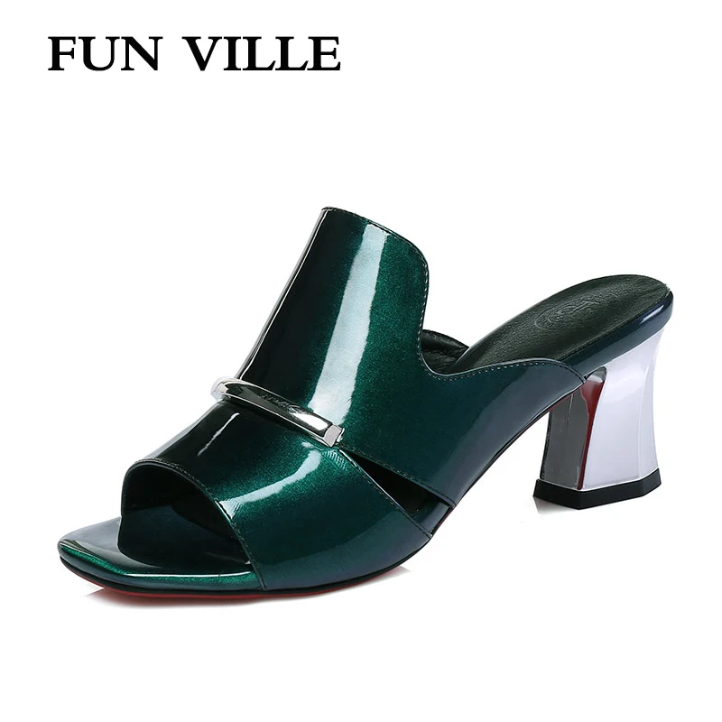 

FUN VILLE Green Women Slippers Summer New Fashion Women shoes Patent leather high heels open toe sexy ladies shoes size 34-42