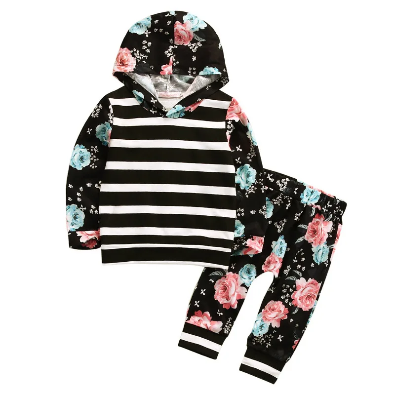 

Spring Autumn Girls Hooded Tops + Pants Striped Floral Long Sleeve Shirt + Trousers Two Piece Children Clothing 1-2-3-4-5 Years