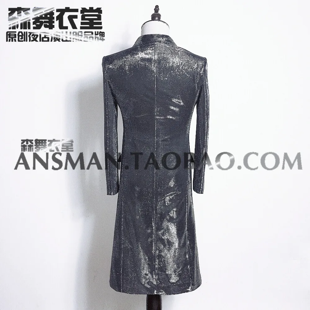 Men's Silver Super Flash Long Double-breasted Suits Coats Costumes Nightclub DJ Male Singers GD Stage Dresses | Мужская одежда