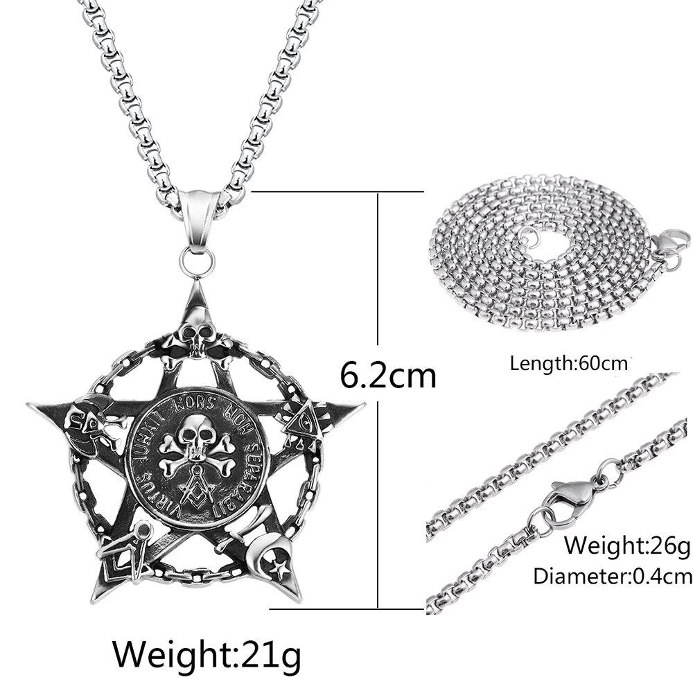 Мужская цепочка с подвеской череп Pentacle Moon Star Masonic Magic Titanium пентаграмма из