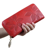 female purse genuine leather women wallet new fashion style best zip flower pattern lady long wallet black purse handy handbag