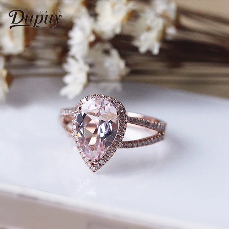 DUPUY кольцо для женщин 14 к розовое золото персик морганит 8*12 мм 2.6ct груша резка