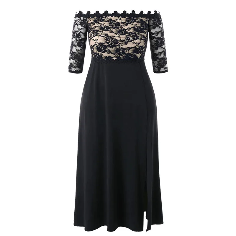 

Elegant Long vestido one-shoulder lace stitching Black split women dress Sexy Party Maxi Dress Big Size summer dress 2019
