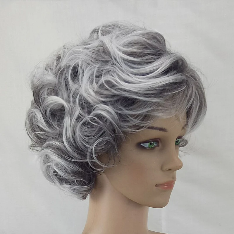 HAIRJOY Women Wig 2 Tones Grey White Ombre Synthetic Short Layered Curly Hair Puffy  Bangs Heat Resistant 9 Color Available