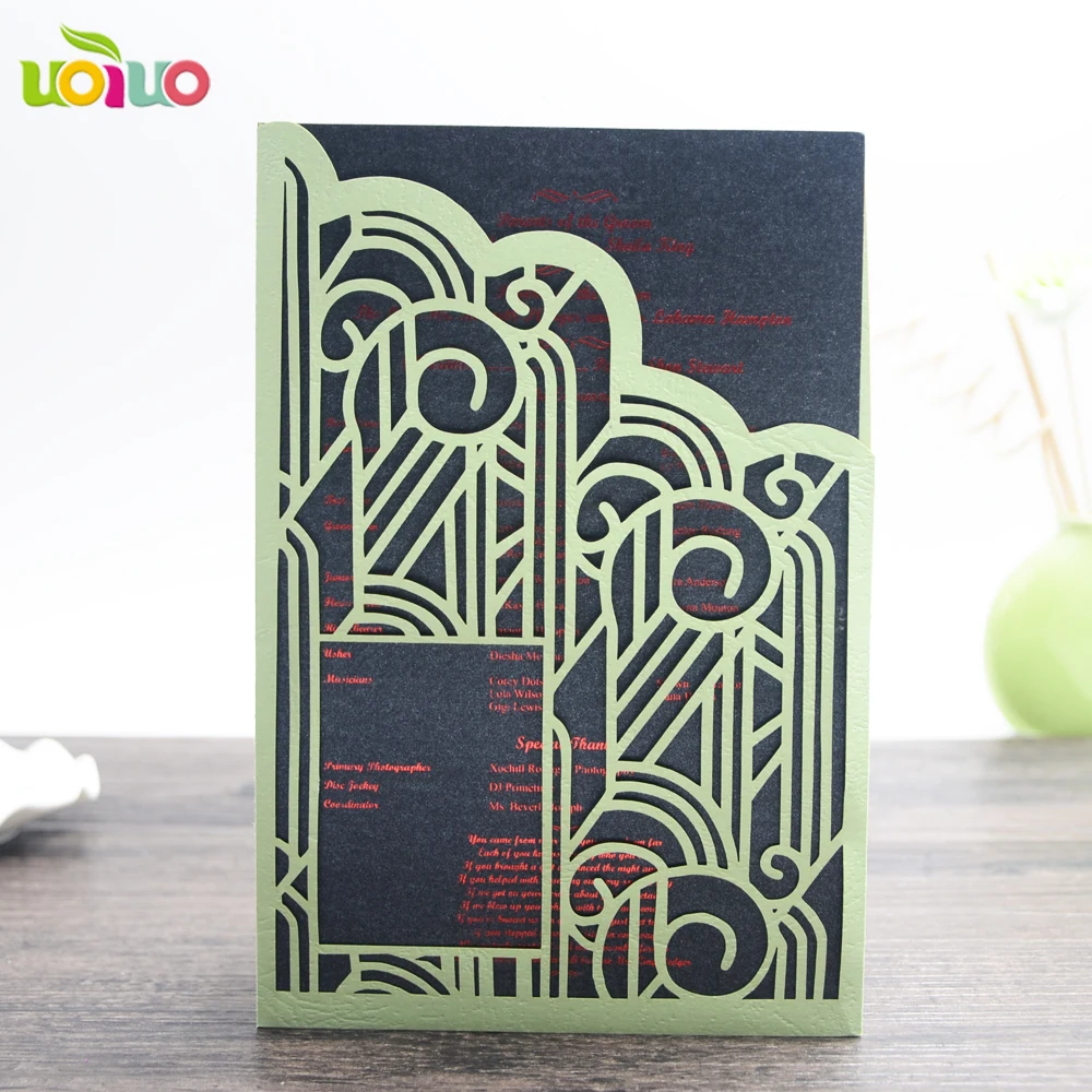 50pcs green pocket Laser cut wedding invitation cards ,marriage floral birthday Anniversary invitations card party Kits