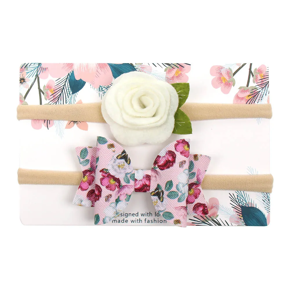 AHB 2Pcs/set Headband for Baby Girls Cute Felt Flower Print Leather Hair Bows Newborn Elastic Head Band Birthday Kids Headwear