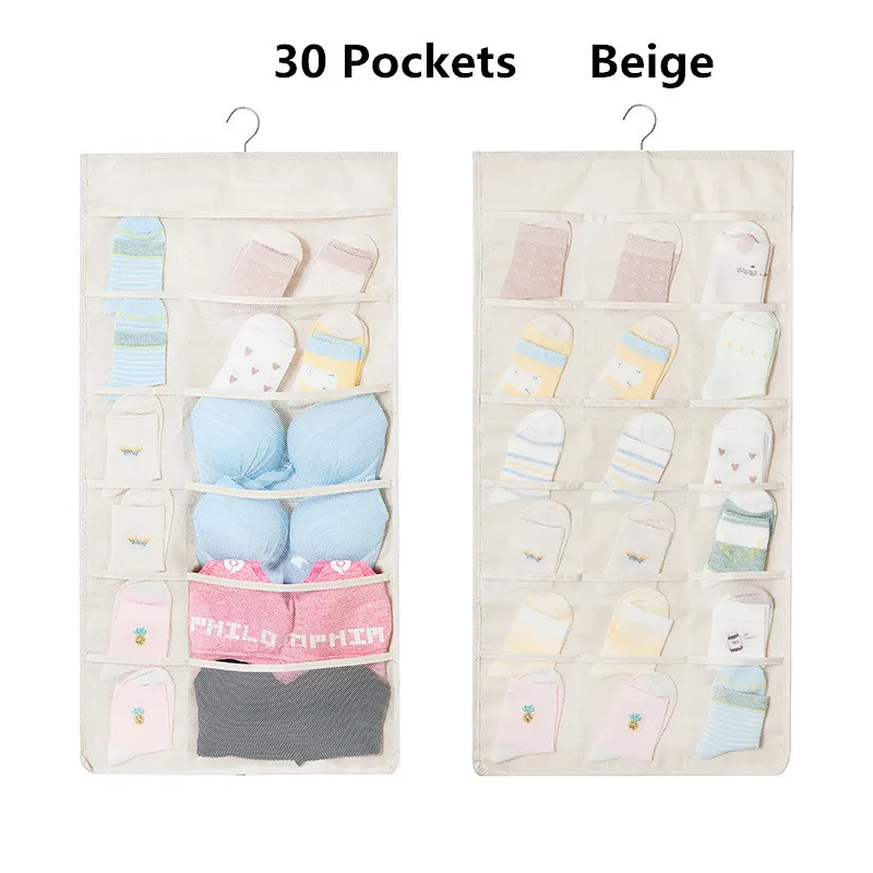 Beige(30 pocket) Новая двусторонняя сумка для хранения 15/30 карманы Оксфорд подвесная сумка Носки Бюстгальтер Нижнее белье Вешалка двери настенный подвесной Органайзер - Цвет: Beige(30 pocket)