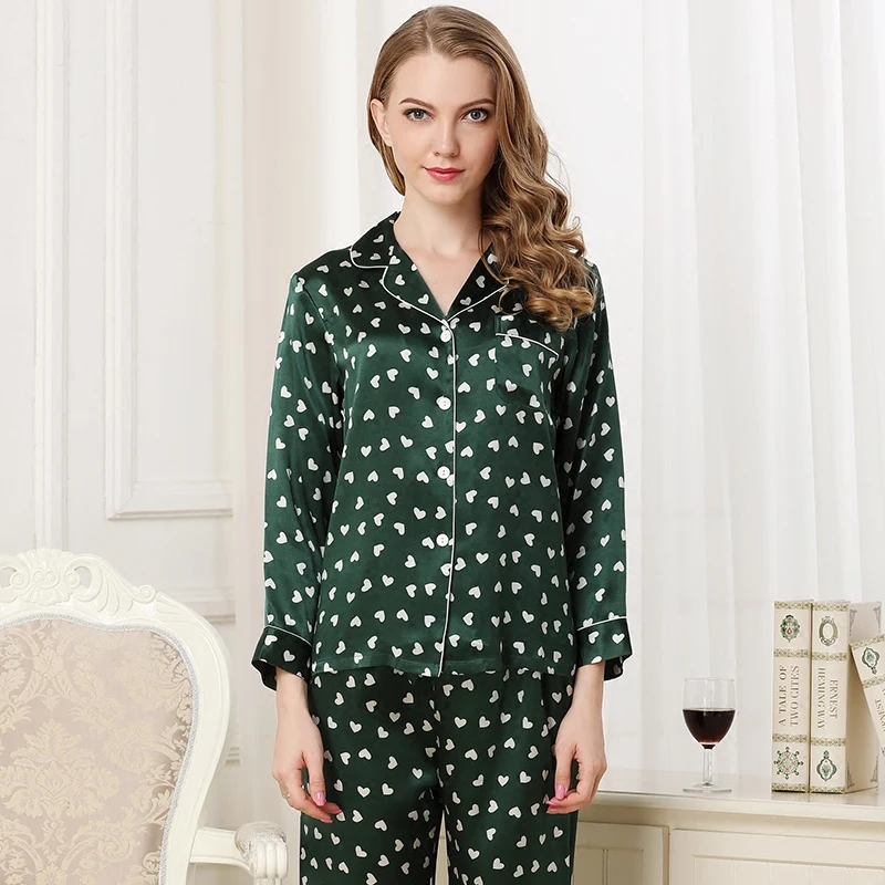 Elegant luxury Silk Pajamas For Women 2019 green heart print pyjamas women Lounge Pajama Sets Silk Satin pants Pijama Feminino