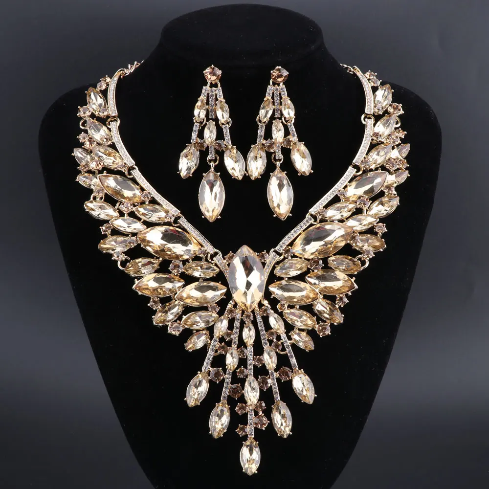 

OEOEOS Charm Wedding Jewelry Color Crystal Rhinestones Necklace Earrings Set for Women Fashion Bridal Jewelry Sets