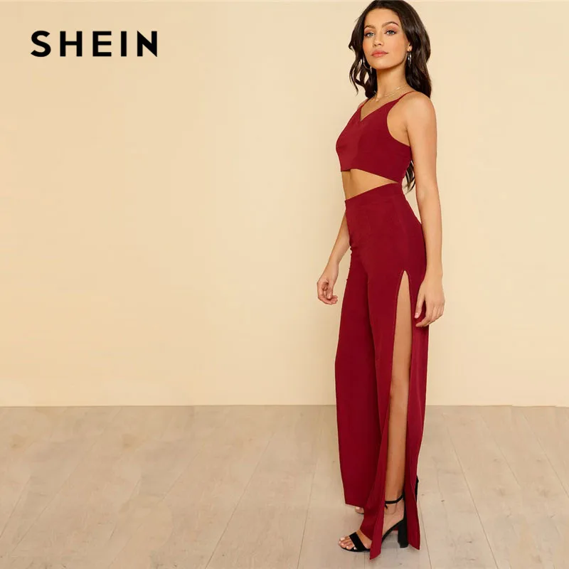SHEIN Модный Комплект С Вырезом Короткий Топик На Бретельках Топ И Брюки Комплект Из 2 Предметов