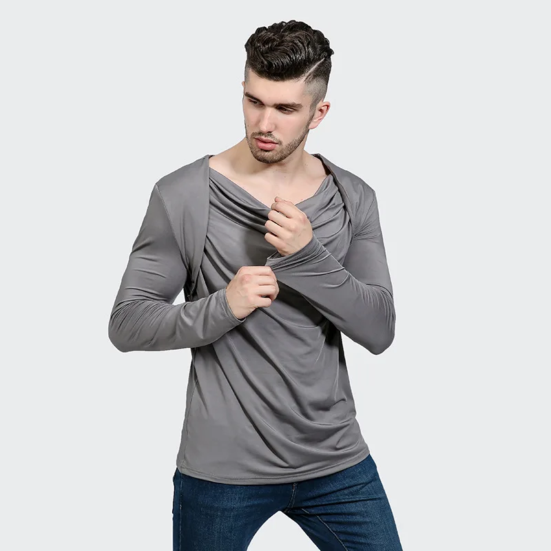 Мужская модная футболка с длинным рукавом и двойным воротником новинка 2017
