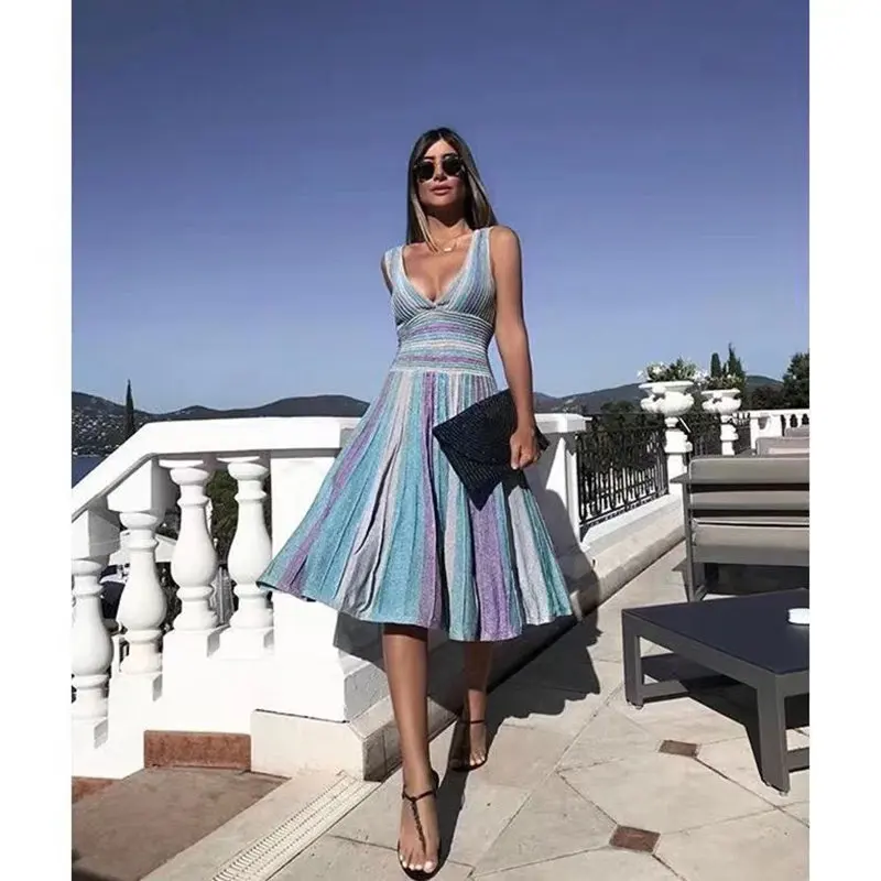 KLEEZY 2019 Celebrity Sleeveles Party Striped Women Bandage Dress Vestidos Sexy Elegant Mid-calf Bodycon Club BY1077 | Женская одежда