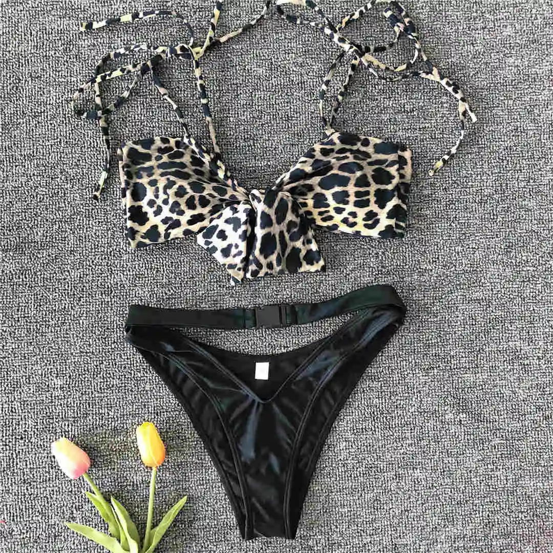 Leopard Новинка, бикини с высокой талией, Леопардовый бандо, купальник для женщин,, женский купальник, комплект бикини из двух предметов, сексуальный купальный костюм V1519 - Цвет: Leopard