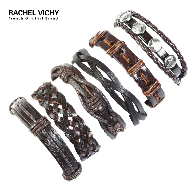 RACHEL VICHY 6 шт./компл. винтажный Многослойный кожаный браслет мужской модный