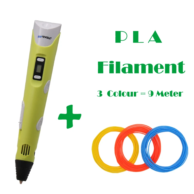 Yellow 9M Filament 3d Ручка Myriwell 2 поколения ЖК-дисплей DIY 3D печать Ручка искусство 3D ручки для детей Инструменты для рисования Высокое качество ABS PLA пластик - Цвет: Yellow 9M Filament
