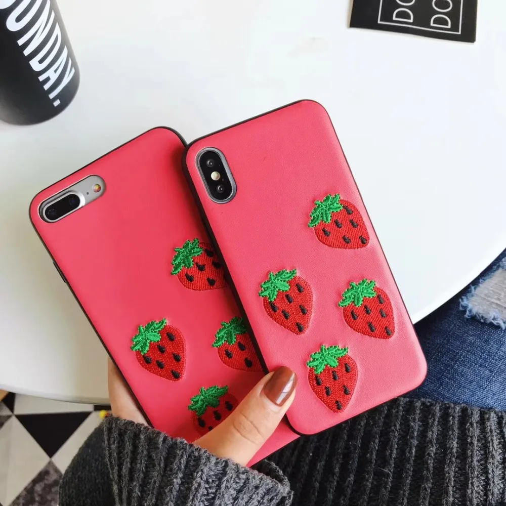 Fashion Artsy Korean Exquisite Fresh Embroidery Fruit Strawberry Cherry Candy Color Warm Phone Case For IphoneXS/6/7/8plus |