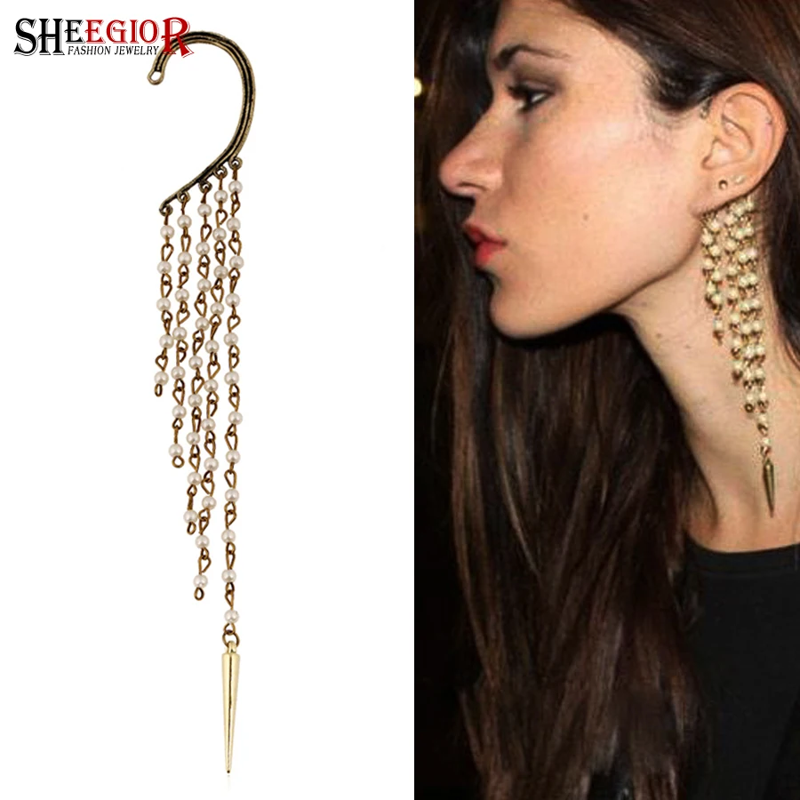 

Vintage Ear-hook Earrings for Women Accessorien Lovely Long Tassels Pearls Chains Rivets Dangle Earrings Fashion Patry Ornaments