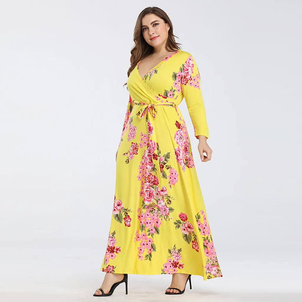 Женское офисное платье макси желтое с цветочным принтом и V образным вырезом