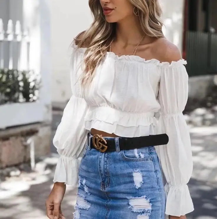 Женская укороченная блузка с открытыми плечами укороченный топ длинными