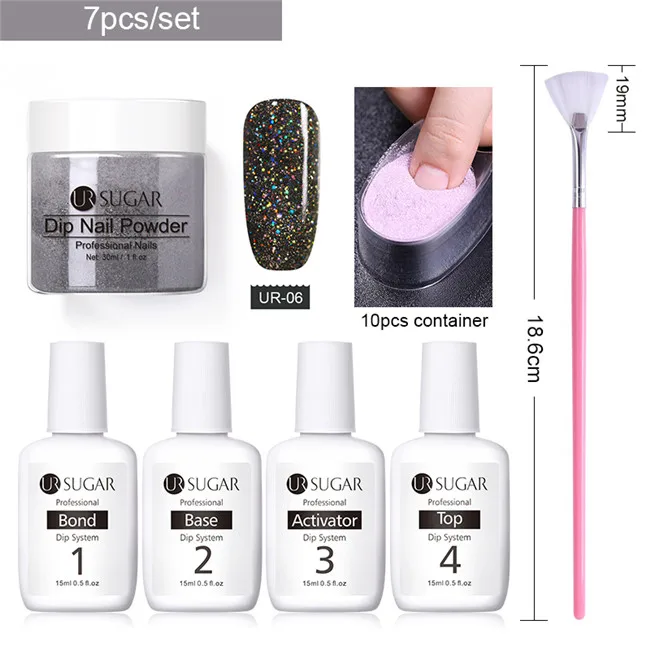 7pcs set6 Ur Sugar полный набор погружения ногтей порошок Системы базовое, топовое покрытие Наборы DIY Dip порошок для ногтей маникюрный набор вкладчик щетки порошок 7 шт./компл - Цвет: 7pcs set6