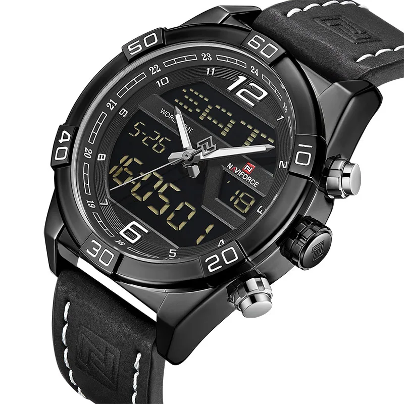 Black Black Топ люксовый бренд NAVIFORCE мужские s часы мужские кожаные спортивные часы водонепроницаемые кварцевые цифровые часы мужские армейские военные наручные часы - Цвет: Black Black