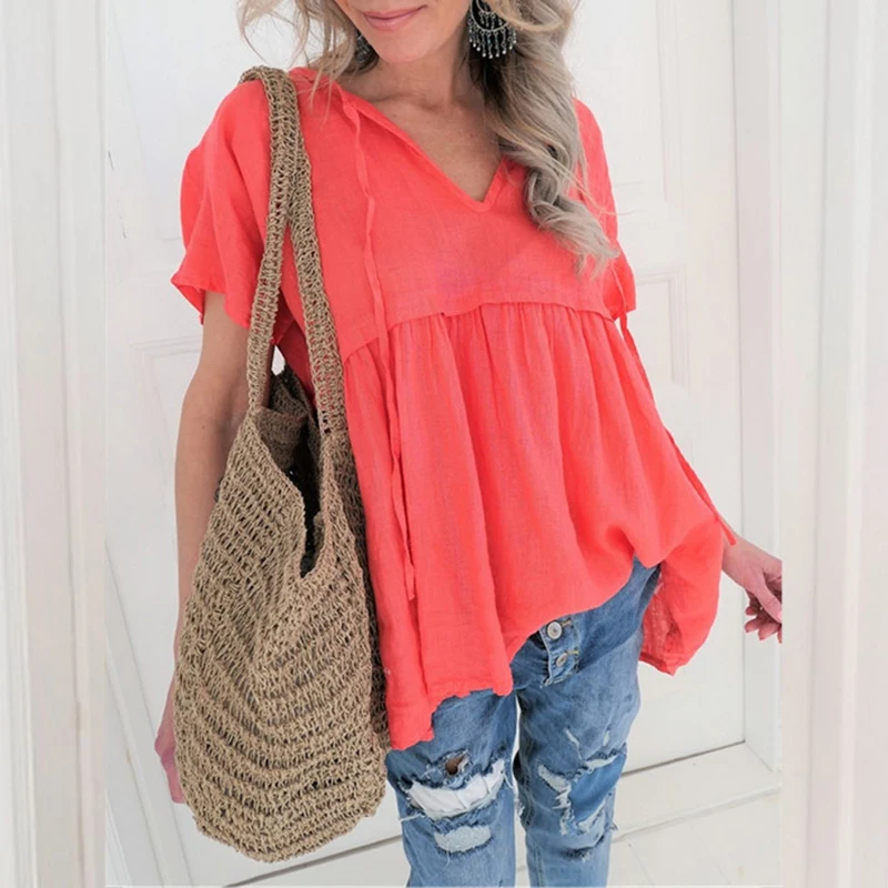 Летняя женская негабаритная футболка с v образным вырезом Свободные