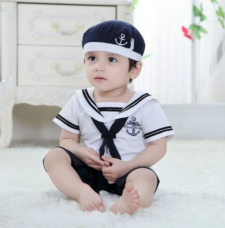 2PCS Toddler Boy Jumpsuits 0M-24m Newborn Baby Sailor Playsuit Outfit Set Romper Clothes+Hat |