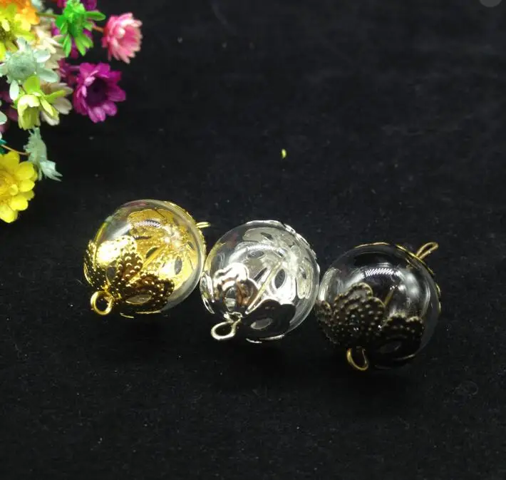 

50pcs 16mm mini double hole round ball glass globe flower beads cap set glass vial pendant glass wishing bottle dome necklace