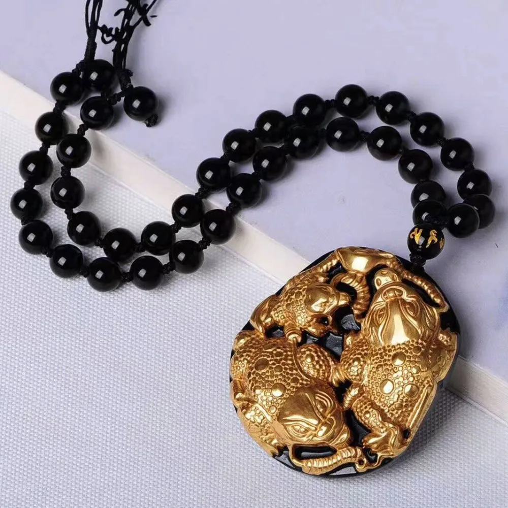 Золотая натуральная черная обсидиановая резьба золотая жаба счастливый амулет