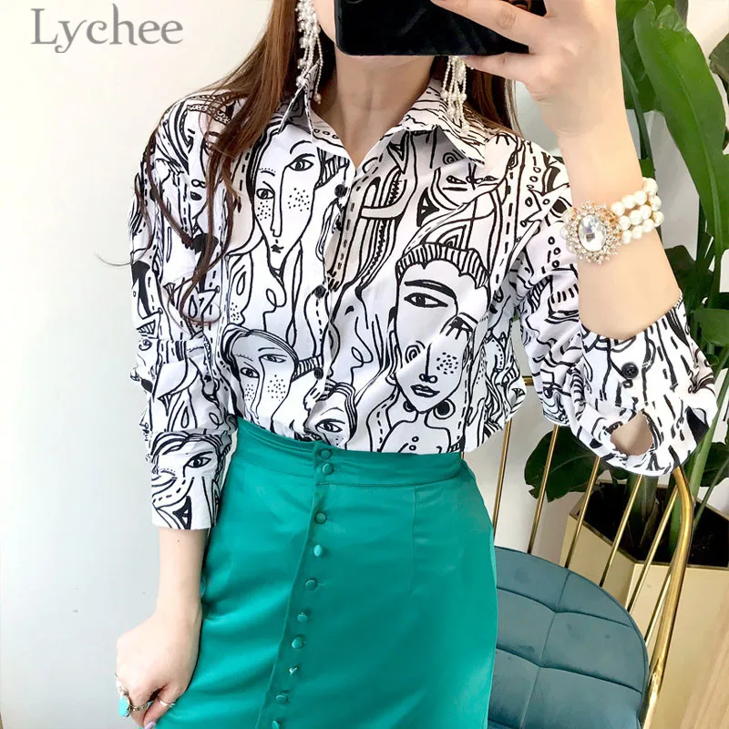 Lychee Harajuku, Женская мультяшная блуза с принтом головы, длинный рукав, отложной воротник, рисунок лица, рубашки, Повседневная Свободная блузка, топы для женщин