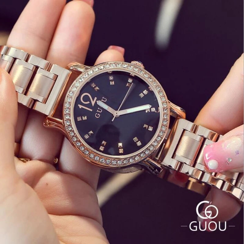Женские часы с бриллиантами GUOU розовое золото роскошные женские со стразами saat