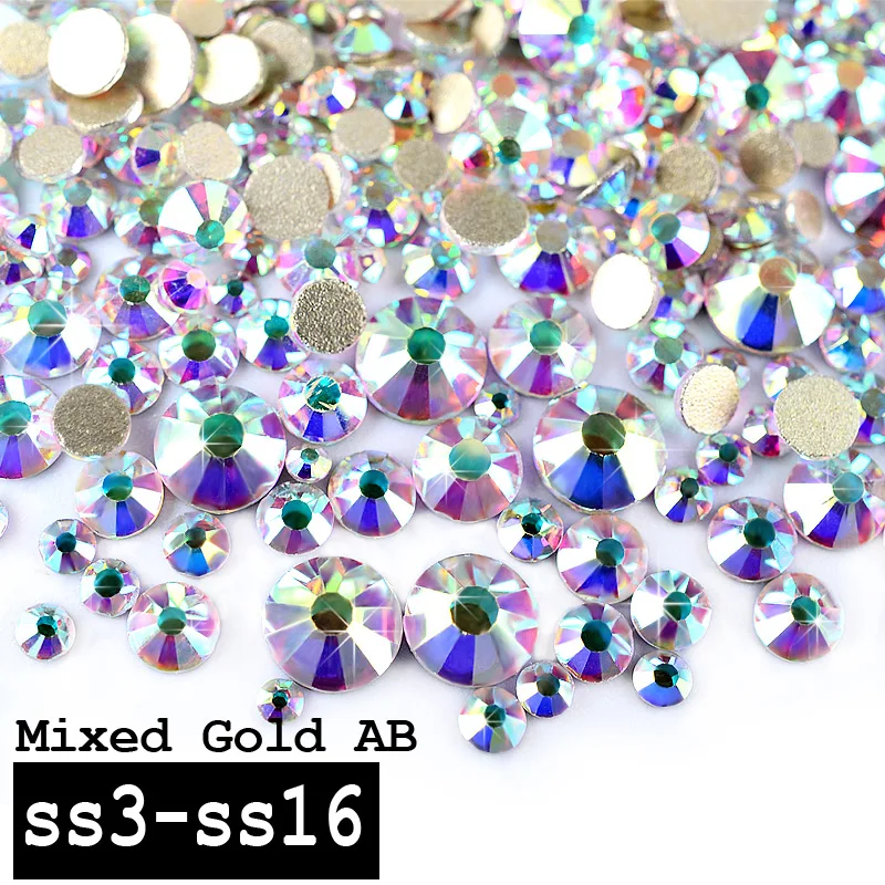 

1 Pack Top Super Shining Crystal AB Color Mixed (SS3-SS16) Charm Nail Art Rhinestones Decorations Golden Flatback 3d Nail Tools