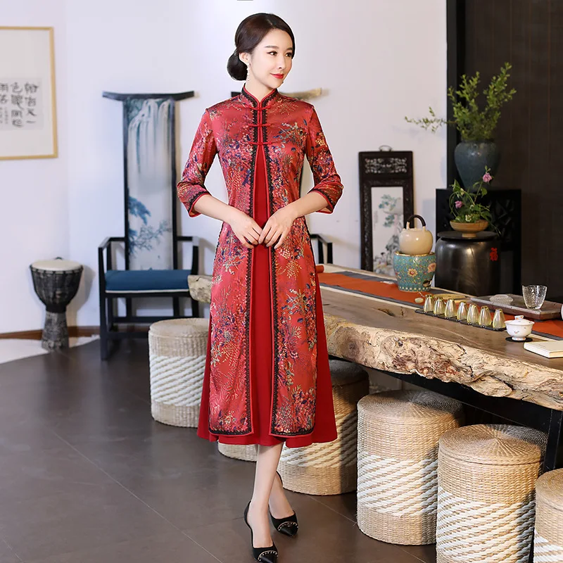 Осенне-зимнее женское платье Cheongsam Vestidos китайское Новогоднее красное платье три четверти китайское платье-Ципао с рукавами женское платье для сцены