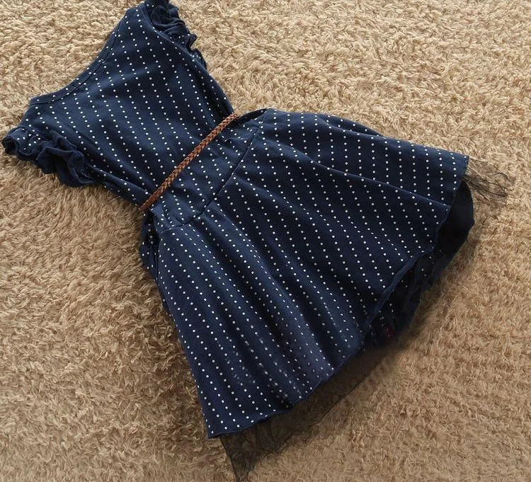 2015 new summer style dress dark blue dots stripe flower girl children clothing vstinus free shipping | Детская одежда и обувь