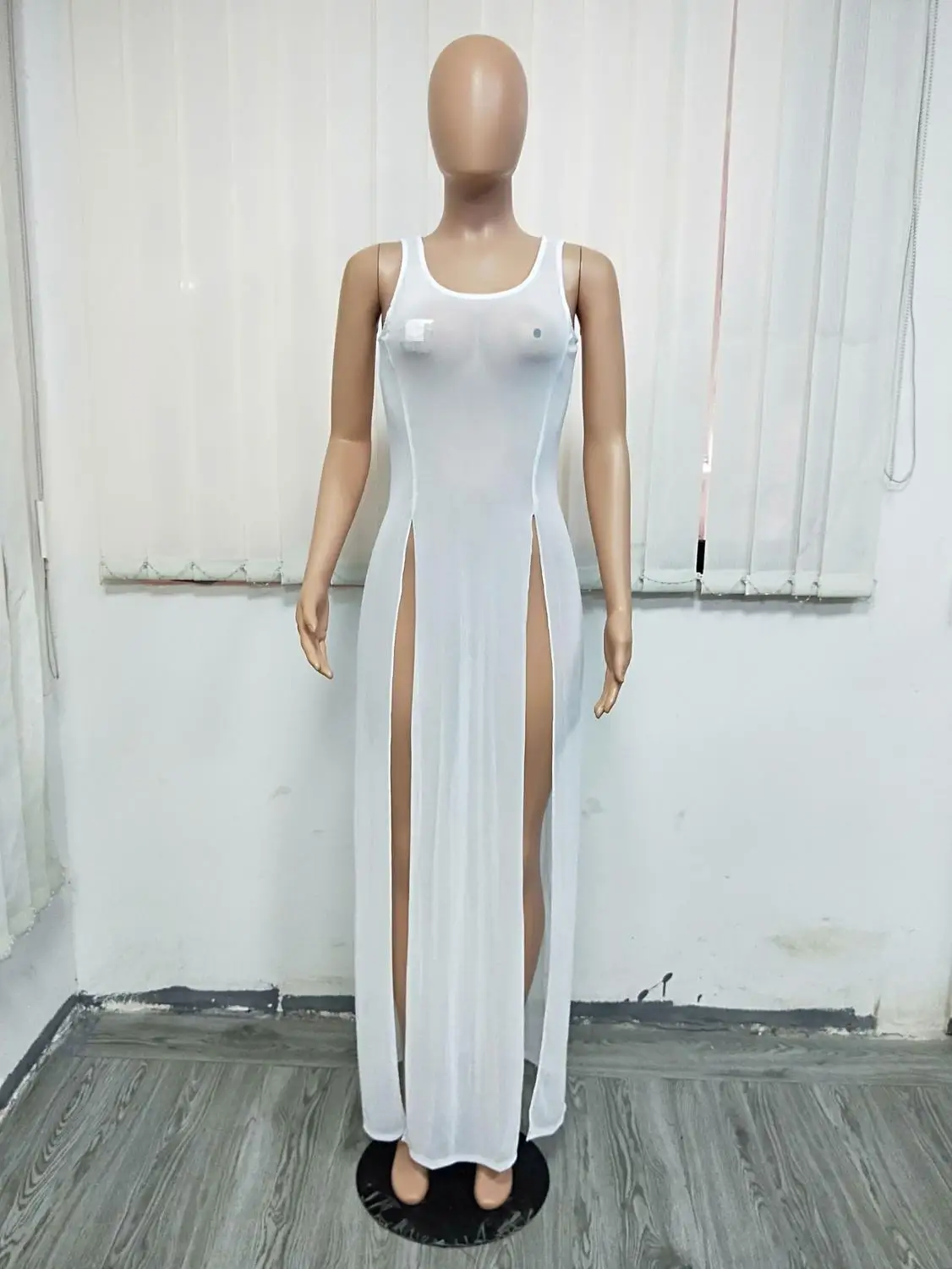 Summer Beach Dress Sheer Mesh Sleeveless High Split Maxi Women Transparent Lace Long Vestidos See Through Outfits | Женская одежда