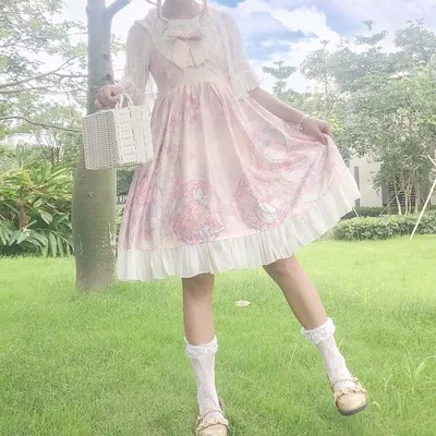 Sleeveless apricot Сладкий дворец Лолиты принцесса сладкий милый Половина рукава кукла воротник кружева милый Принт Лолита платья cos костюм горничной - Цвет: Sleeveless apricot