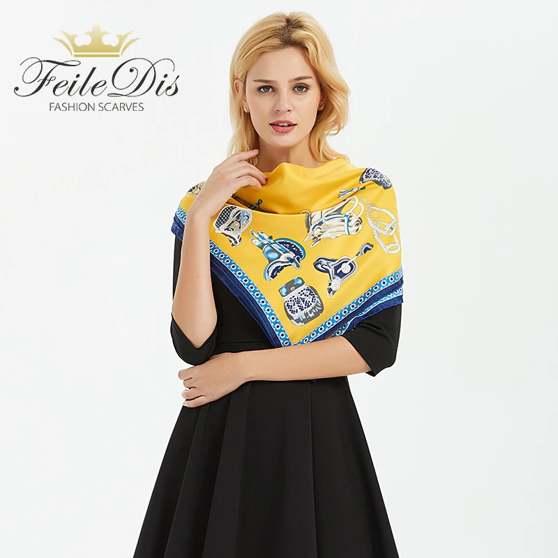 

[FEILEDIS]High quality silk ladies scarf Large Square Scarves New Female Elegant Large Silk Scarf Fashion Ladies Accessories 131
