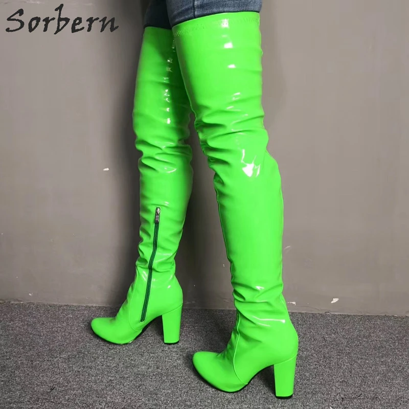 Sorbern Neon Green/женские облегающие высокие сапоги на блочном каблуке; Модные женские облегающие расклешённые сапоги