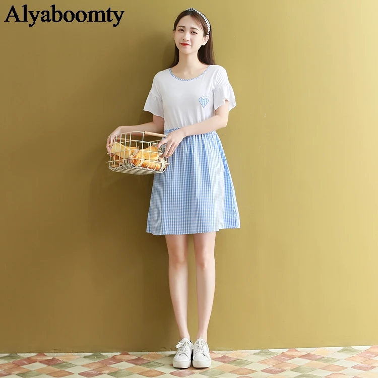 Японский Школьный стиль Лето женское мини платье в стиле пэчворк белый синий