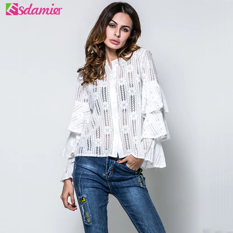 Новые модные кружевные рубашки с рюшами женские зеленые черные белые