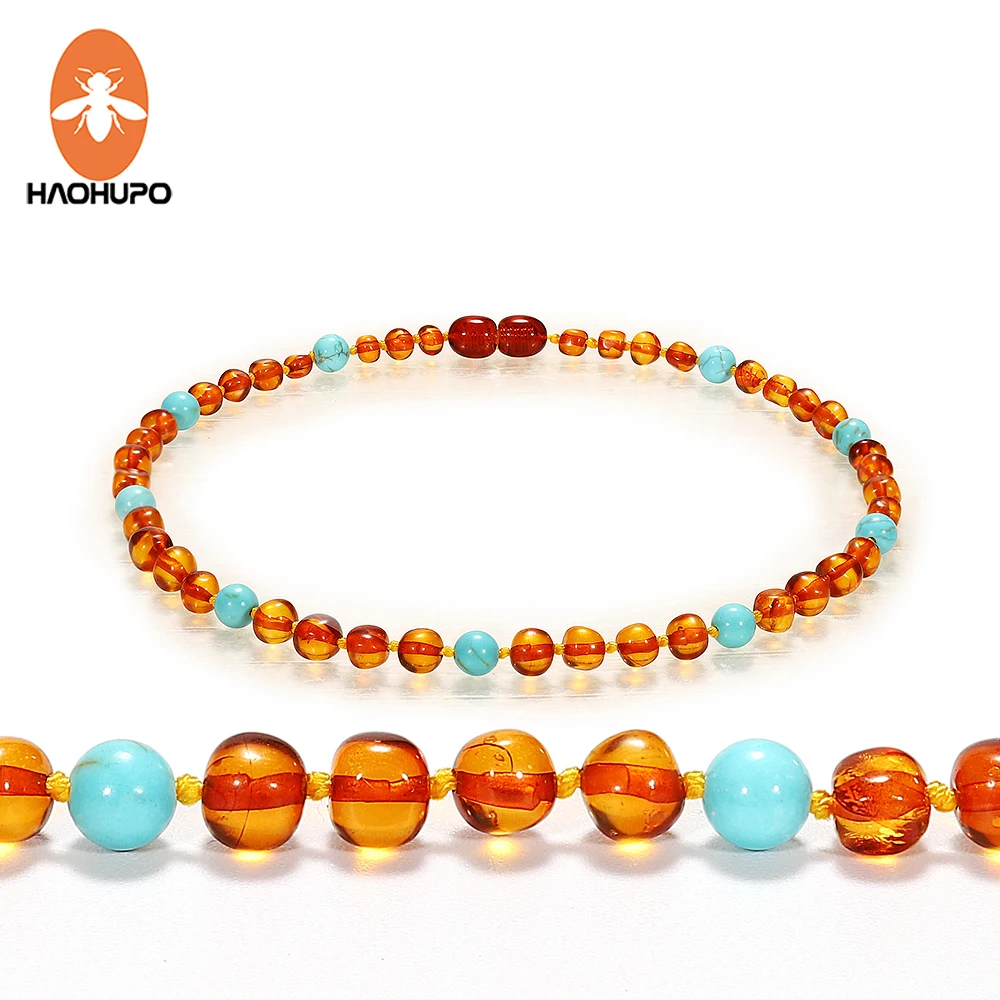 HAOHUPO Baby Mama New Amber Necklace Polished Ambar & Turquoise Baltic Amber Jewelry Baroque Beads Necklace
