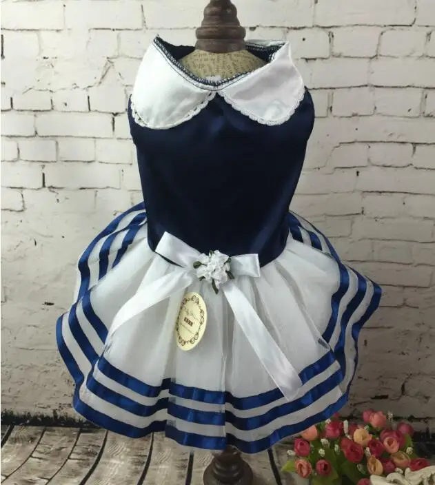 Pet dress dog summer clothing dog shirt pet dog navy dress with flower bow pet skirt dog summer dress  XS-XL  pet supplier